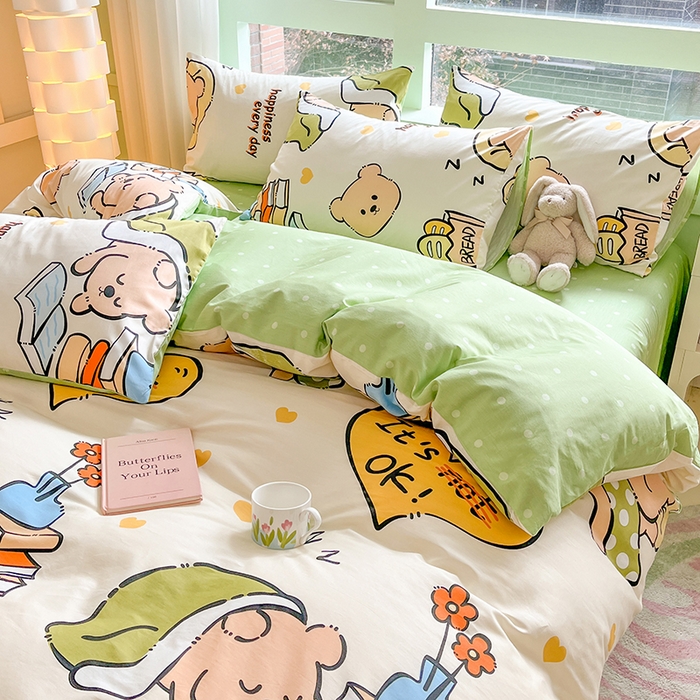 91家纺网 家纺一手货源 找家纺  琪格格纺织 2024新款13372全棉印花小清新四件套 酣睡熊