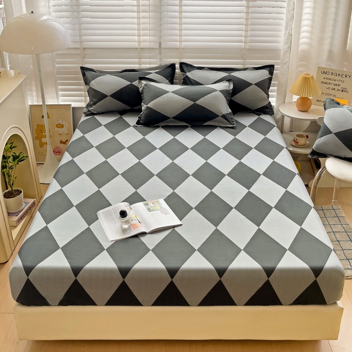 91家纺网 家纺一手货源 找家纺  楠沐家纺 2025新款印花亲肤芦荟棉水洗棉床笠 菱格灰