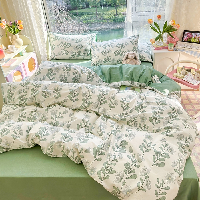 91家纺网 家纺一手货源 找家纺  琪格格纺织 2024新款13372全棉印花小清新四件套 森林花