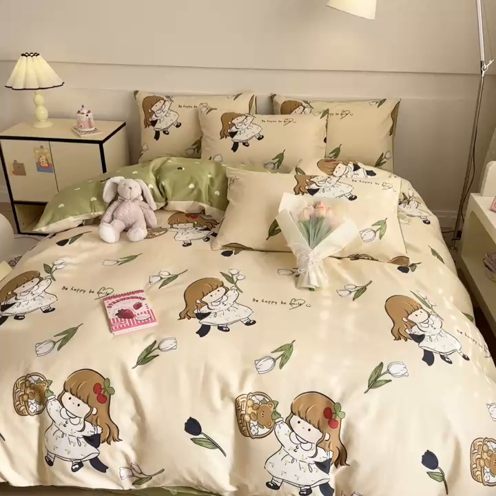 91家纺网 家纺一手货源 找家纺 呗旺鹿 2024新款小清新全棉纯棉四件套欧尼酱