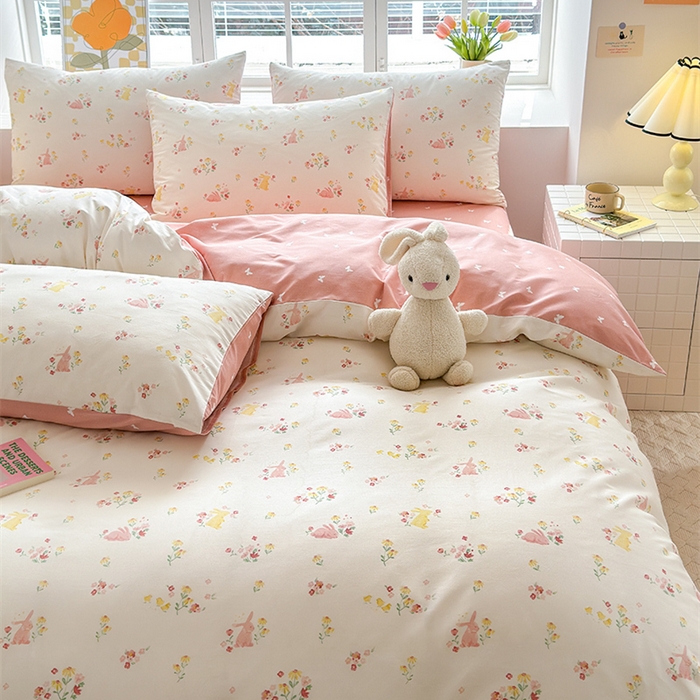 91家纺网 家纺一手货源 找家纺 沐棉家居 2024新款小清新全棉13372印花单被套 粉花小兔