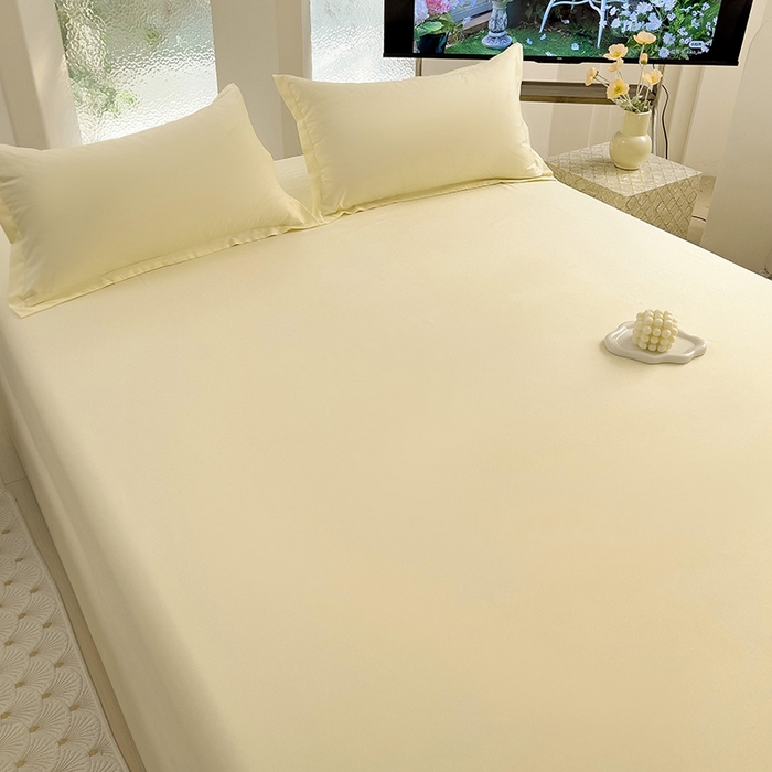 91家纺网 家纺一手货源 找家纺  楠沐家纺 2025新款纯色亲肤芦荟棉水洗棉床笠 米黄