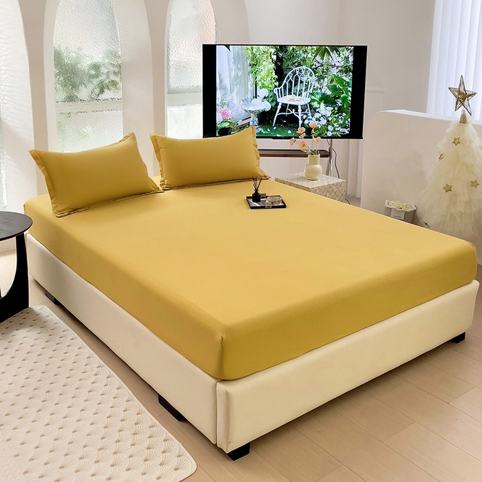 91家纺网 家纺一手货源 找家纺  楠沐家纺 2025新款纯色亲肤芦荟棉水洗棉床笠 金色