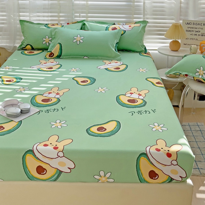 91家纺网 家纺一手货源 找家纺  楠沐家纺 2026新款印花亲肤芦荟棉水洗棉床笠 牛油果小兔