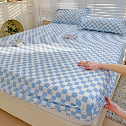  楠沐家纺 2025新款印花亲肤芦荟棉水洗棉床笠 棋盘格蓝