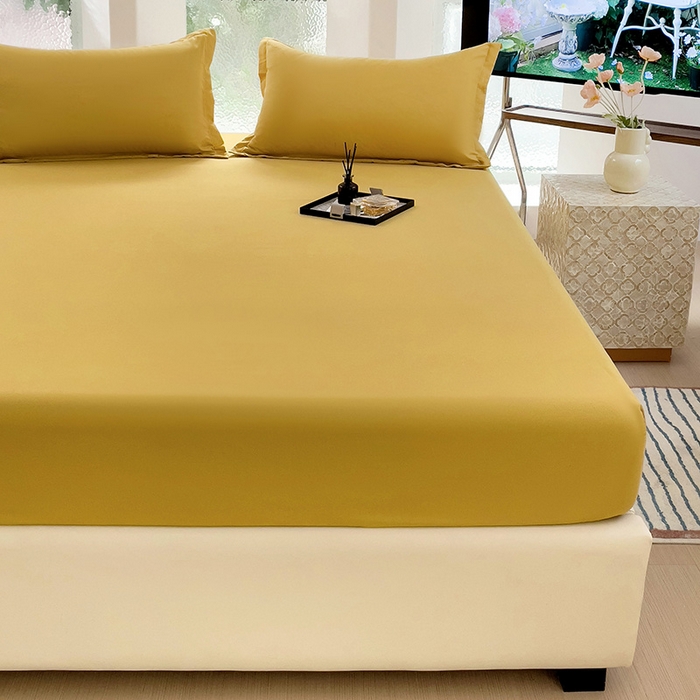 91家纺网 家纺一手货源 找家纺  楠沐家纺 2025新款纯色亲肤芦荟棉水洗棉床笠 金色