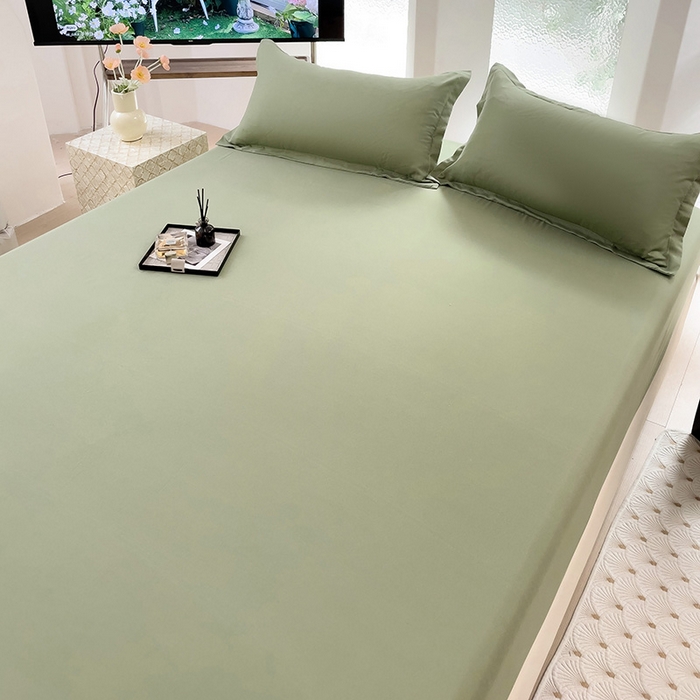 91家纺网 家纺一手货源 找家纺  楠沐家纺 2025新款纯色亲肤芦荟棉水洗棉床笠 深绿