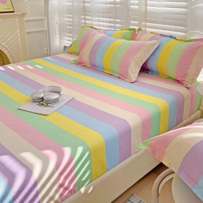 91家纺网 家纺一手货源 找家纺  楠沐家纺 2025新款印花亲肤芦荟棉水洗棉床笠 彩虹桥