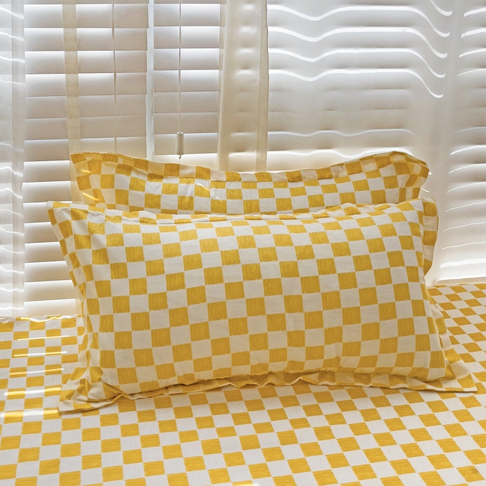 91家纺网 家纺一手货源 找家纺  楠沐家纺 2025新款印花亲肤芦荟棉水洗棉床笠 波浪纹-黄