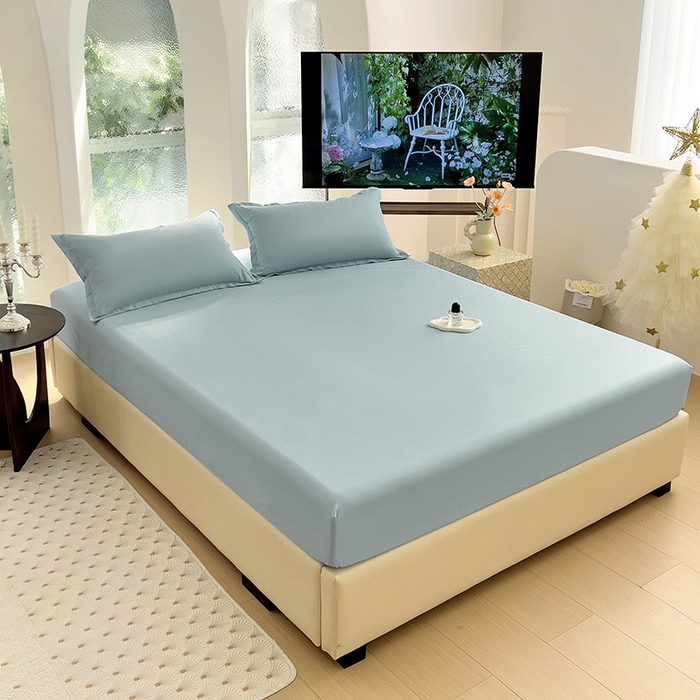 91家纺网 家纺一手货源 找家纺  楠沐家纺 2025新款纯色亲肤芦荟棉水洗棉床笠 浅灰