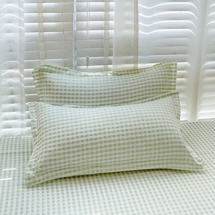 91家纺网 家纺一手货源 找家纺  楠沐家纺 2025新款印花亲肤芦荟棉水洗棉床笠 小绿格