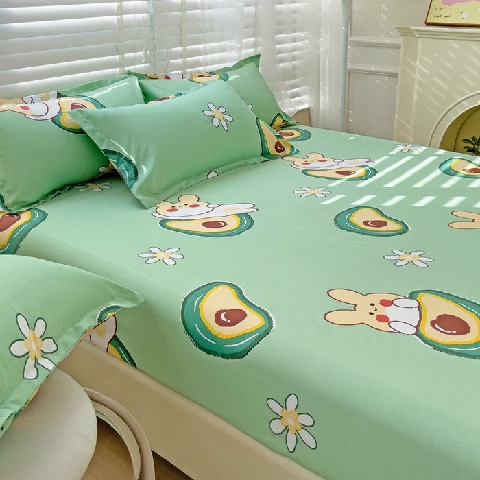 91家纺网 家纺一手货源 找家纺  楠沐家纺 2026新款印花亲肤芦荟棉水洗棉床笠 牛油果小兔