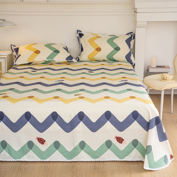 91家纺网 家纺一手货源 找家纺 首爱家纺 2025新款花边老粗布印花床单系列套件 卡通鱼恋