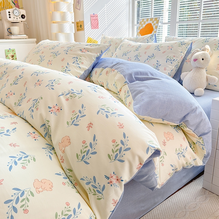 91家纺网 家纺一手货源 找家纺 沐棉家居 2024新款小清新全棉13372印花单被套 兔精灵