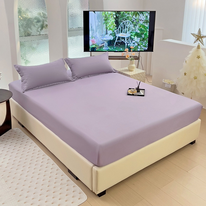 91家纺网 家纺一手货源 找家纺  楠沐家纺 2025新款纯色亲肤芦荟棉水洗棉床笠 浅紫