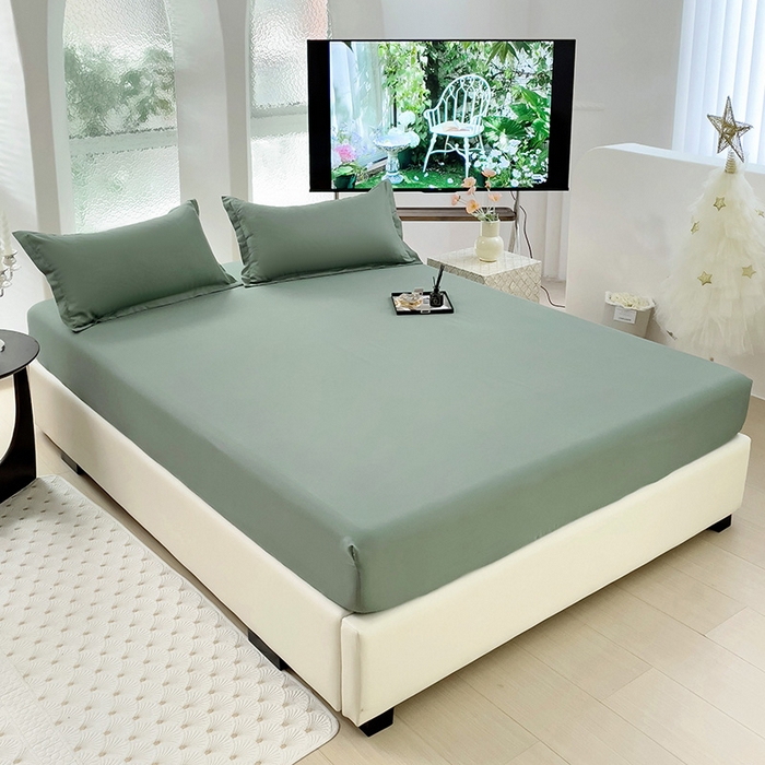 91家纺网 家纺一手货源 找家纺  楠沐家纺 2025新款纯色亲肤芦荟棉水洗棉床笠 军绿