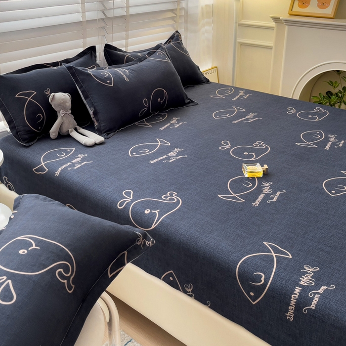 91家纺网 家纺一手货源 找家纺  楠沐家纺 2026新款印花亲肤芦荟棉水洗棉床笠 小鲸鱼