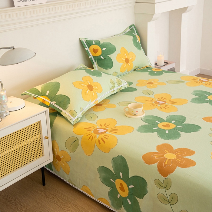 91家纺网 家纺一手货源 找家纺 首爱家纺 2025新款花边老粗布印花床单系列套件 花恋曲-绿