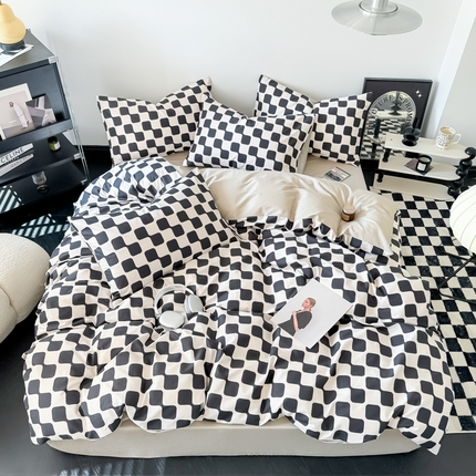 呗旺鹿 2024新款休闲风全棉纯棉四件套 黑米格