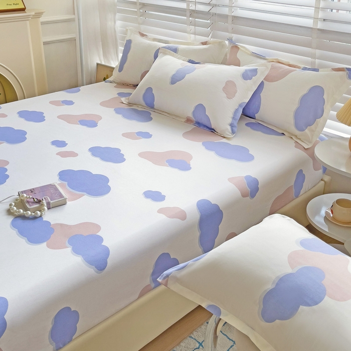 91家纺网 家纺一手货源 找家纺  楠沐家纺 2024新款印花亲肤芦荟棉水洗棉床笠 小云朵