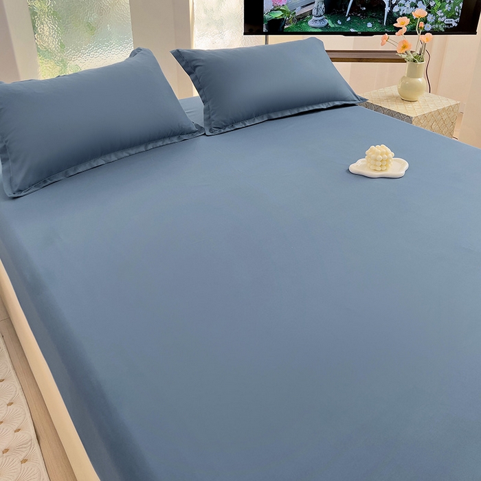 91家纺网 家纺一手货源 找家纺  楠沐家纺 2025新款纯色亲肤芦荟棉水洗棉床笠 深蓝