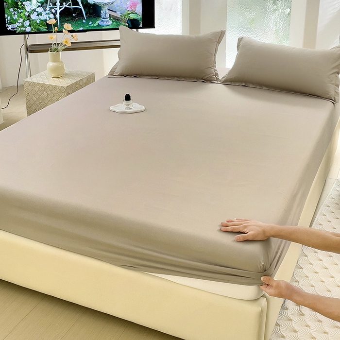 91家纺网 家纺一手货源 找家纺  楠沐家纺 2025新款纯色亲肤芦荟棉水洗棉床笠 浅驼