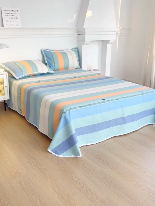 91家纺网 家纺一手货源 找家纺 首爱家纺 2025新款花边老粗布印花床单系列套件 时尚鹿条