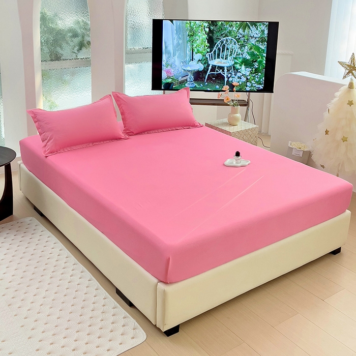 91家纺网 家纺一手货源 找家纺  楠沐家纺 2025新款纯色亲肤芦荟棉水洗棉床笠 玖红