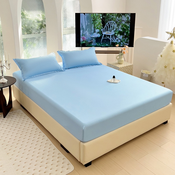 91家纺网 家纺一手货源 找家纺  楠沐家纺 2025新款纯色亲肤芦荟棉水洗棉床笠 天蓝