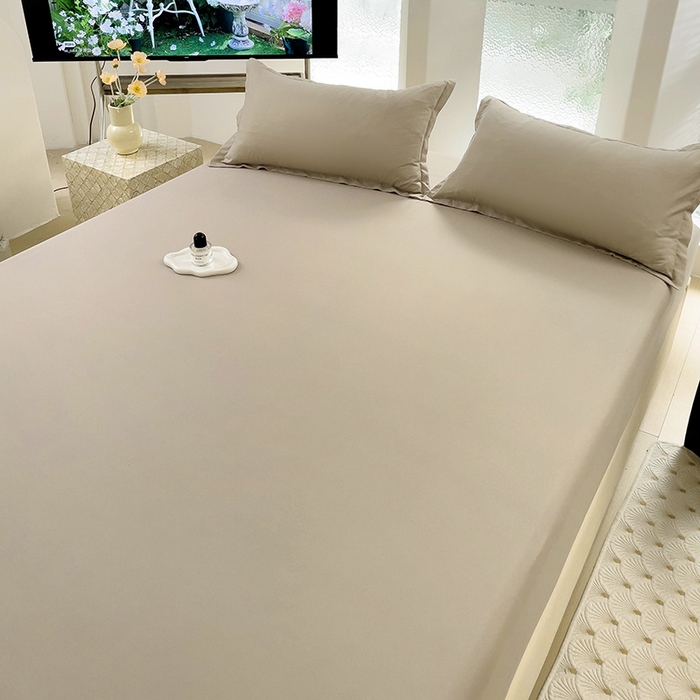 91家纺网 家纺一手货源 找家纺  楠沐家纺 2025新款纯色亲肤芦荟棉水洗棉床笠 浅驼