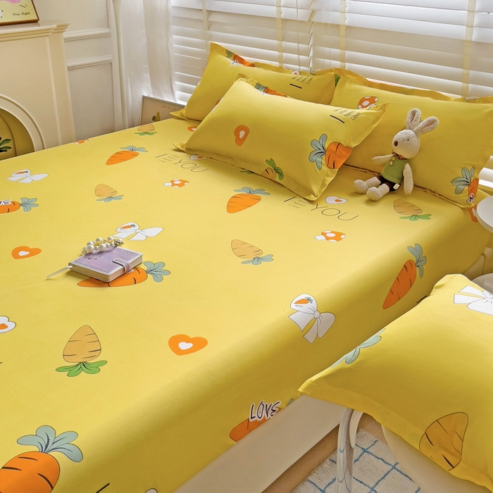 91家纺网 家纺一手货源 找家纺  楠沐家纺 2025新款印花亲肤芦荟棉水洗棉床笠 开心萝卜