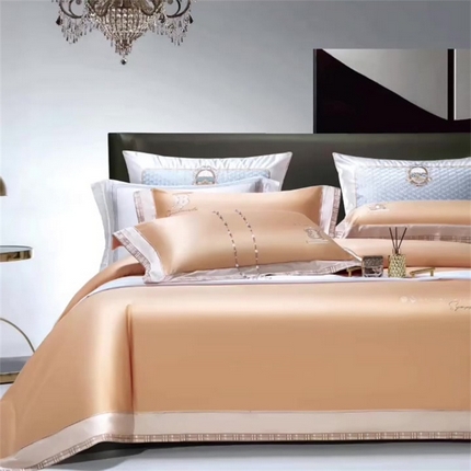 91家纺网 家纺一手货源 找家纺 玖玖爱家纺 2024新款180S长绒棉绣花昕动系列四件套 香妃橙