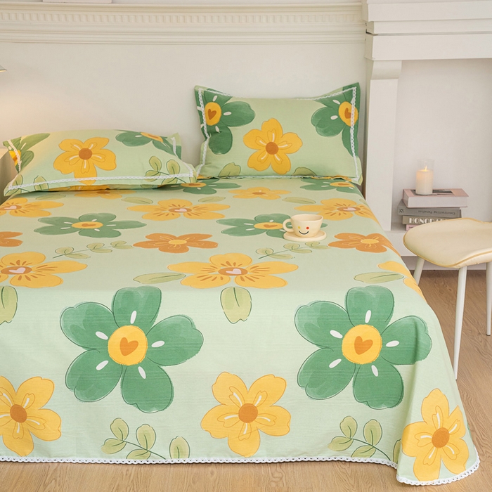 91家纺网 家纺一手货源 找家纺 首爱家纺 2025新款花边老粗布印花床单系列套件 花恋曲-绿