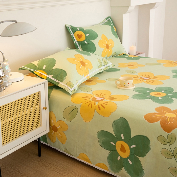 91家纺网 家纺一手货源 找家纺 首爱家纺 2025新款花边老粗布印花床单系列套件 花恋曲-绿