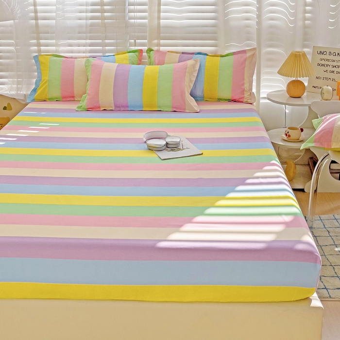 91家纺网 家纺一手货源 找家纺  楠沐家纺 2025新款印花亲肤芦荟棉水洗棉床笠 彩虹桥