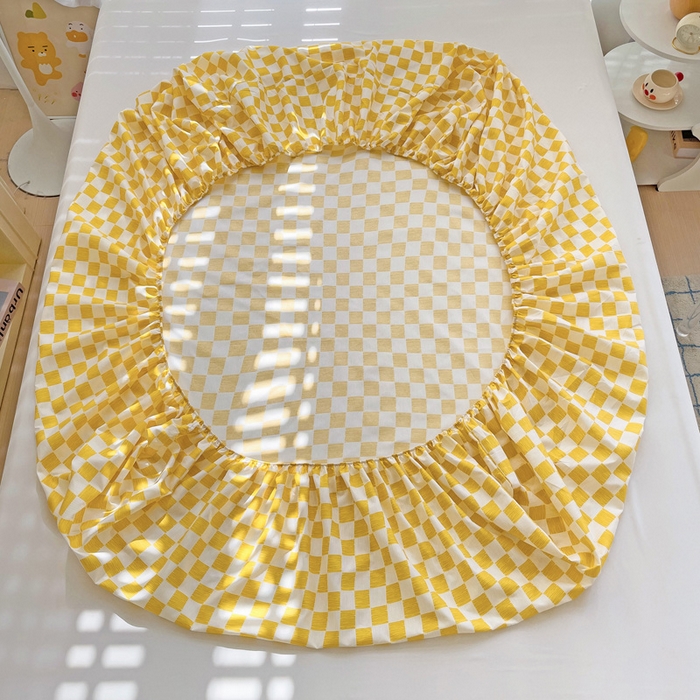 91家纺网 家纺一手货源 找家纺  楠沐家纺 2025新款印花亲肤芦荟棉水洗棉床笠 波浪纹-黄