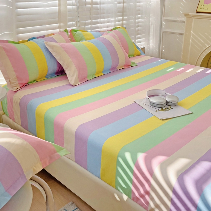 91家纺网 家纺一手货源 找家纺  楠沐家纺 2025新款印花亲肤芦荟棉水洗棉床笠 彩虹桥