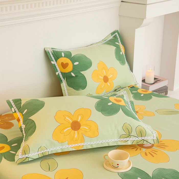 91家纺网 家纺一手货源 找家纺 首爱家纺 2025新款花边老粗布印花床单系列套件 花恋曲-绿