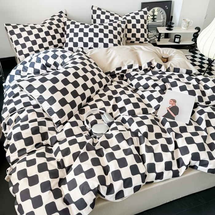 91家纺网 家纺一手货源 找家纺 呗旺鹿 2024新款休闲风全棉纯棉四件套 黑米格