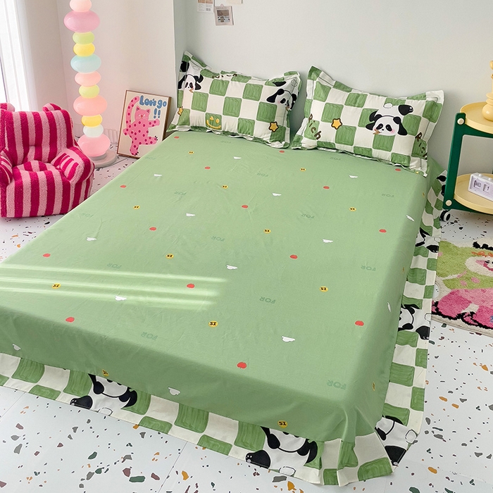 91家纺网 家纺一手货源 找家纺 乐童 2024新款直播爆款13070纯棉印花吊边款一字绣四件套 安逸胖达