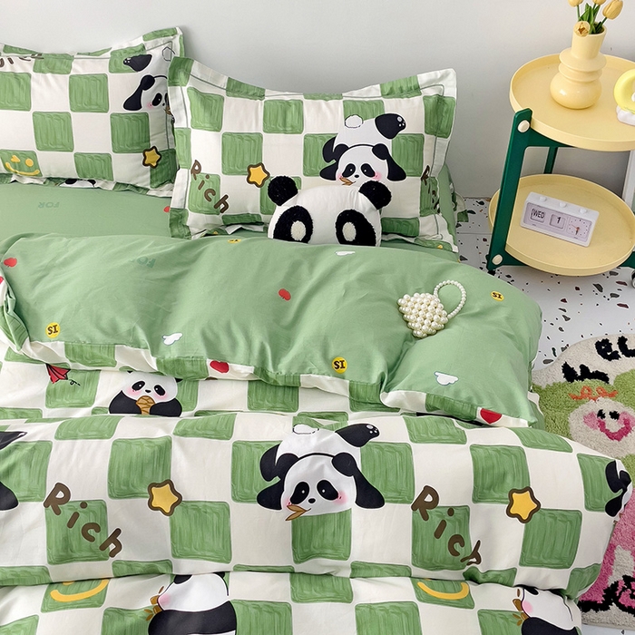 91家纺网 家纺一手货源 找家纺 乐童 2024新款直播爆款13070纯棉印花吊边款一字绣四件套 安逸胖达