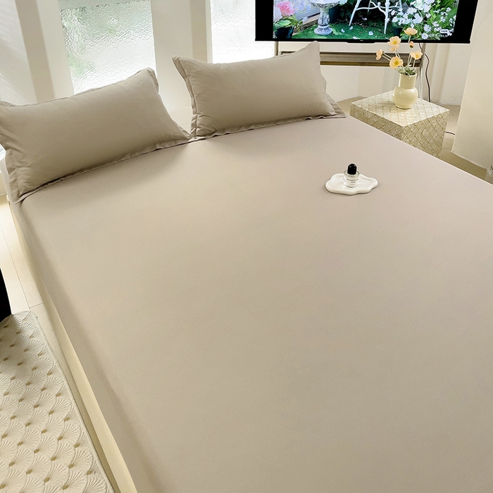 91家纺网 家纺一手货源 找家纺  楠沐家纺 2025新款纯色亲肤芦荟棉水洗棉床笠 浅驼