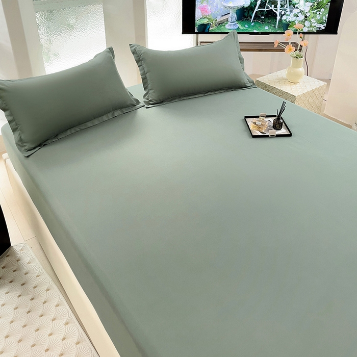 91家纺网 家纺一手货源 找家纺  楠沐家纺 2025新款纯色亲肤芦荟棉水洗棉床笠 军绿