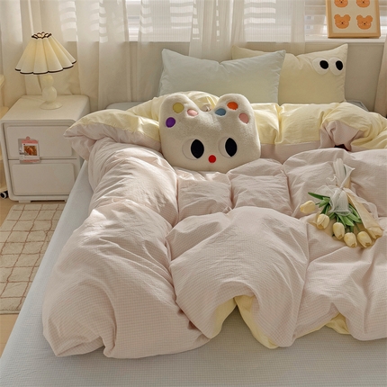 91家纺网 家纺一手货源 找家纺 丽涵家纺 2024新款ins风混搭水洗棉全棉毛巾绣系列格子四件套 混搭紫黄蓝