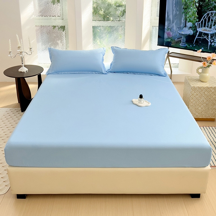 91家纺网 家纺一手货源 找家纺  楠沐家纺 2025新款纯色亲肤芦荟棉水洗棉床笠 天蓝