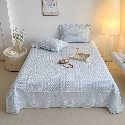 源舜家纺 2025新款泡芙棉大蕾丝床盖款三件套 花边蓝色