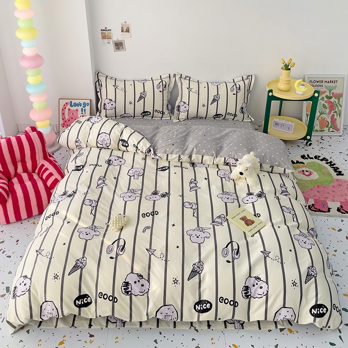 91家纺网 家纺一手货源 找家纺 乐童 2024新款直播爆款13070纯棉印花吊边款一字绣四件套 动感地带