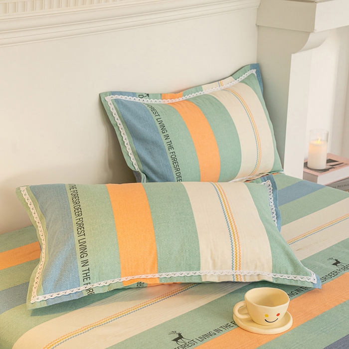 91家纺网 家纺一手货源 找家纺 首爱家纺 2025新款花边老粗布印花床单系列套件 时尚鹿条