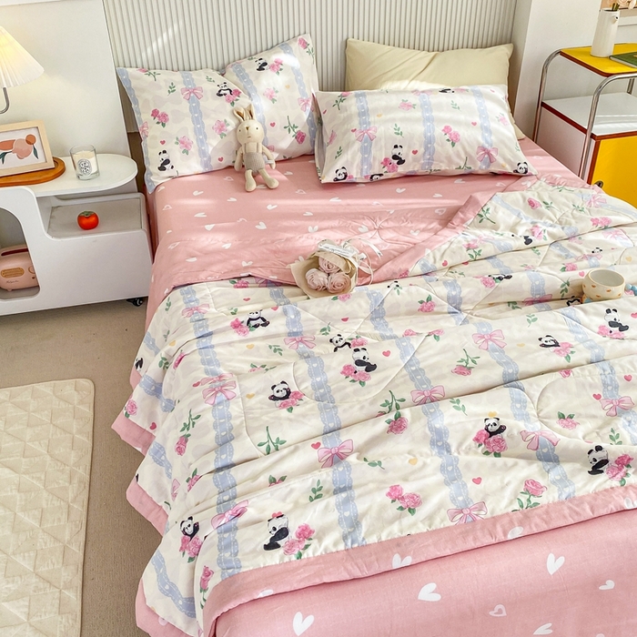 91家纺网 家纺一手货源 找家纺 鸣升家纺 A类印花全棉12868棉花夏凉被四件套夏被 清青熊猫