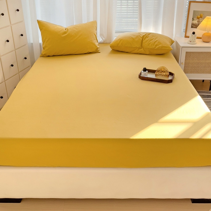 91家纺网 家纺一手货源 找家纺 盼季家纺 2024新款日系奶油风水洗棉床笠单件全包围床罩席梦思床垫保护套 姜黄